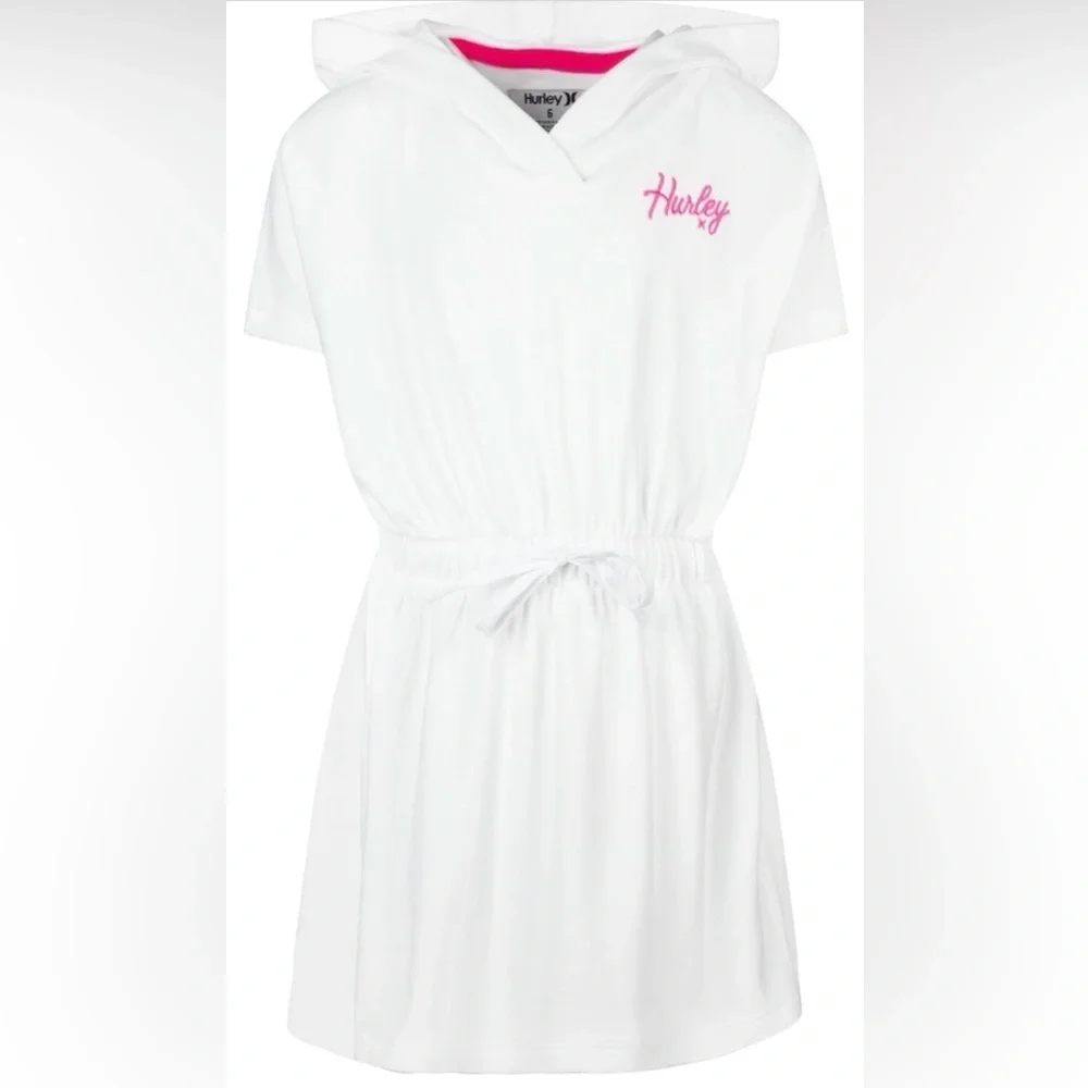 Hurley French Terry Hooded Cover up Dress White  with Pink Logo Girls 4T NWT